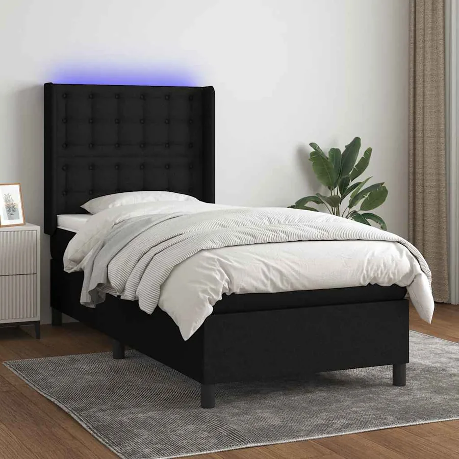 Sommier à lattes de lit matelas et LED Noir 100x200 cm Tissu