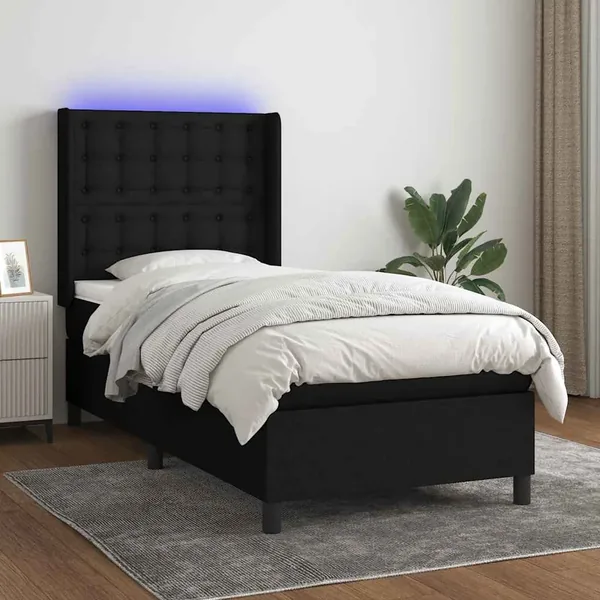 Sommier à lattes de lit matelas et LED Noir 100x200 cm Tissu