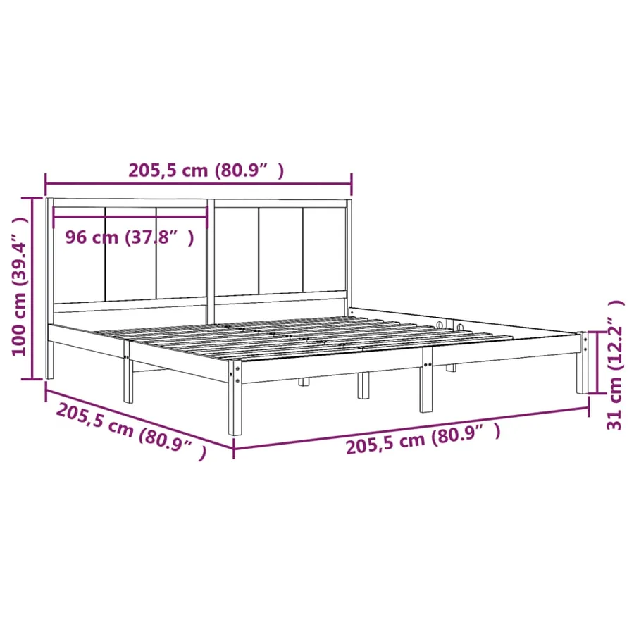 Cadre de lit sans matelas noir 200x200 cm bois massif de pin - 5