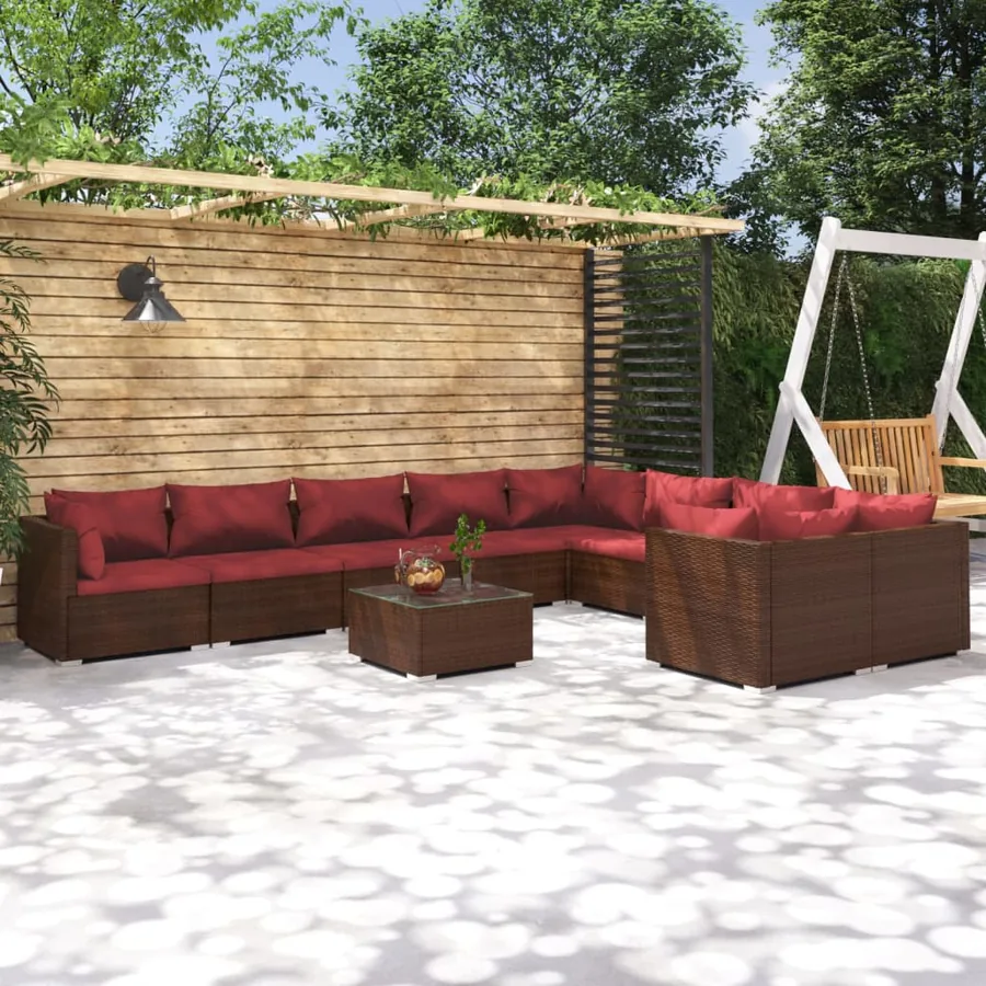 Salon de jardin 10 pcs avec coussins Résine tressée Marron
