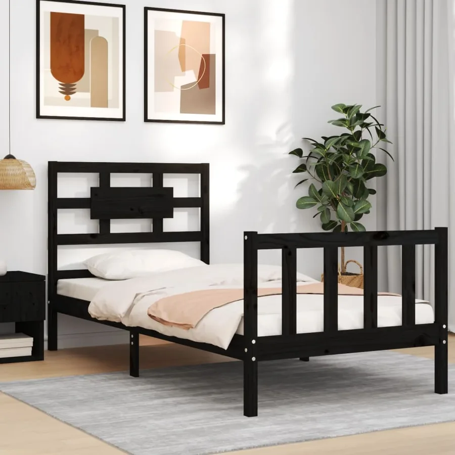 Cadre de lit sans matelas noir bois de pin massif - 4