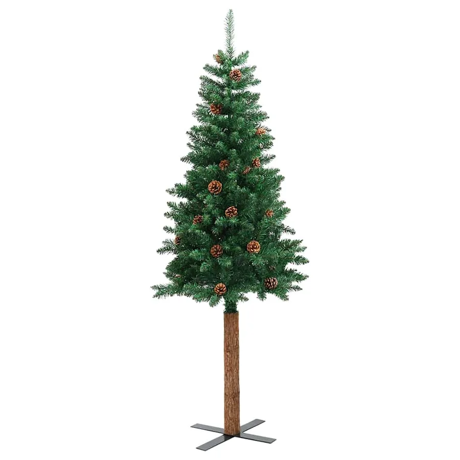 Sapin de Noël mince avec bois véritable et cônes vert 210cm PVC - 3