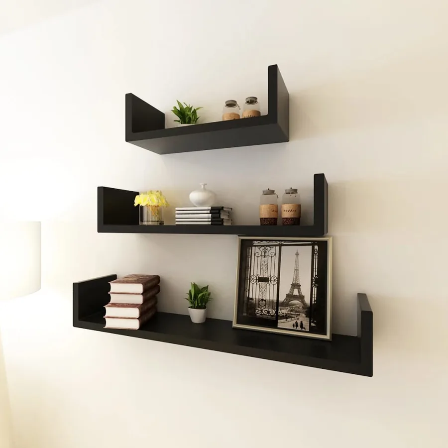 Étagères murales 3 pcs Forme de U MDF Noir