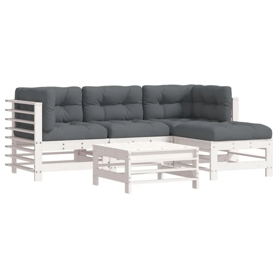 Salon de jardin 5 pcs avec coussins blanc bois massif - 2