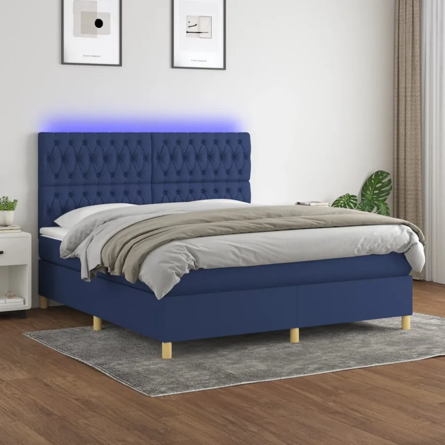 Sommier à lattes de lit et matelas et LED Bleu 160x200 cm Tissu