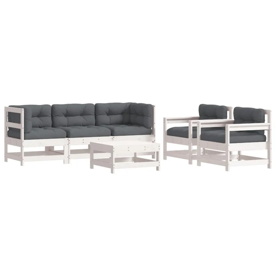 Salon de jardin 6 pcs avec coussins blanc bois massif - 2