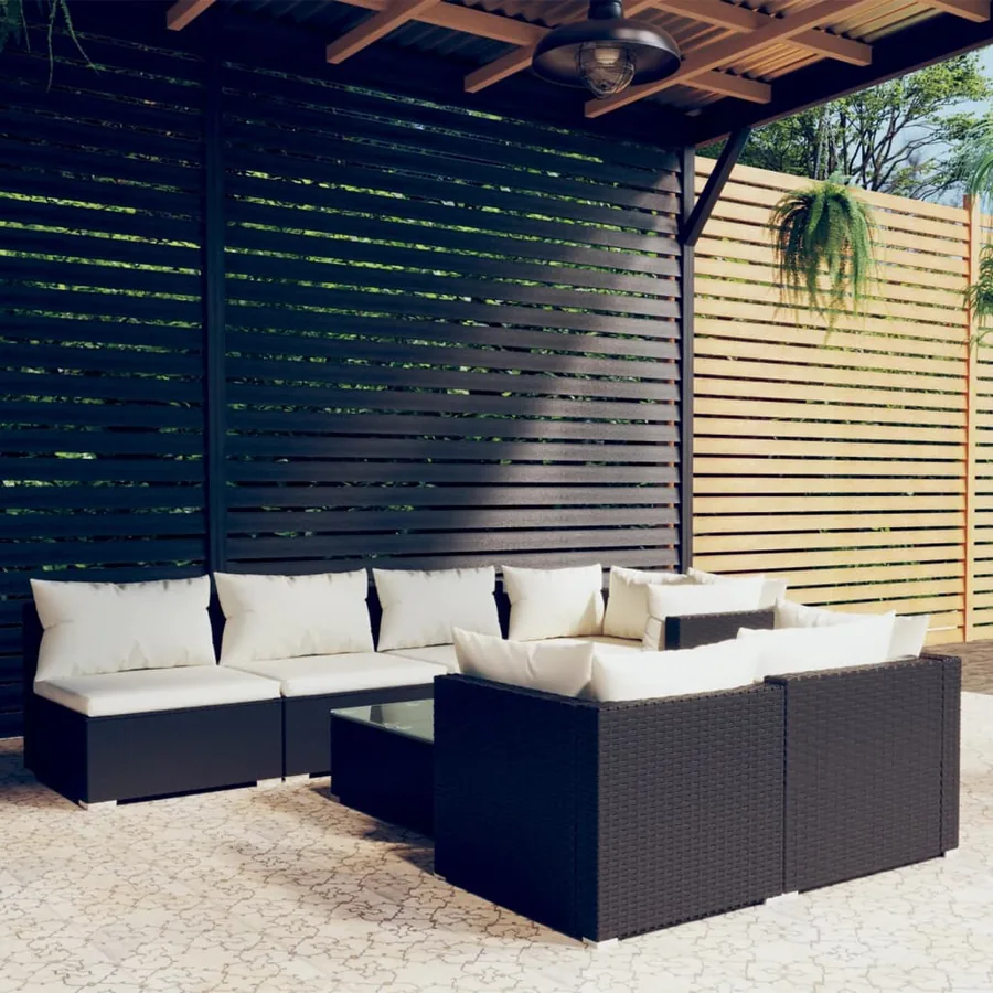 Salon de jardin 8 pcs avec coussins noir résine tressée