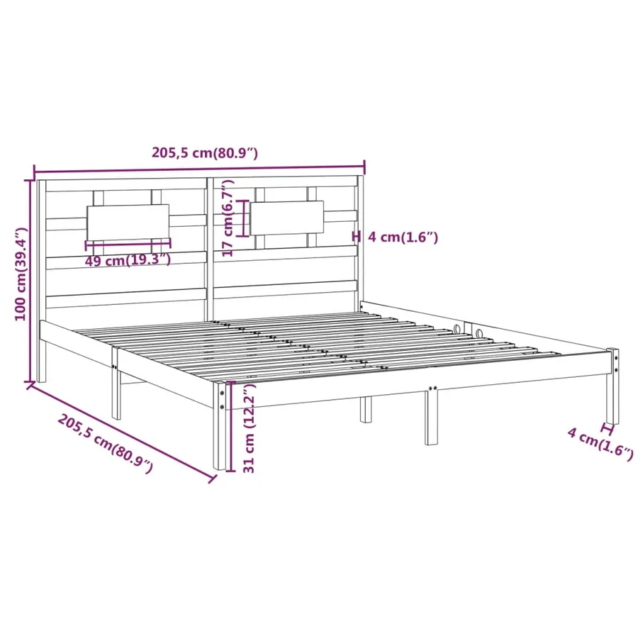 Cadre de lit sans matelas gris 200x200 cm bois massif - 8