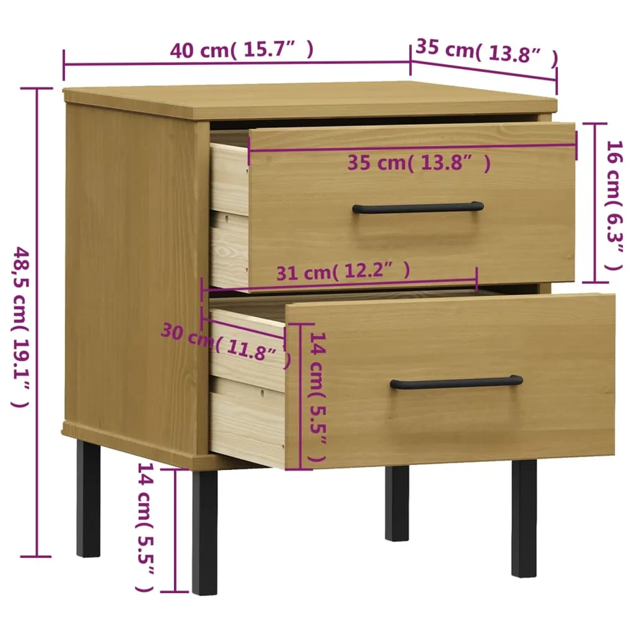 Table de chevet avec pieds en métal Marron Bois pin massif OSLO - 8