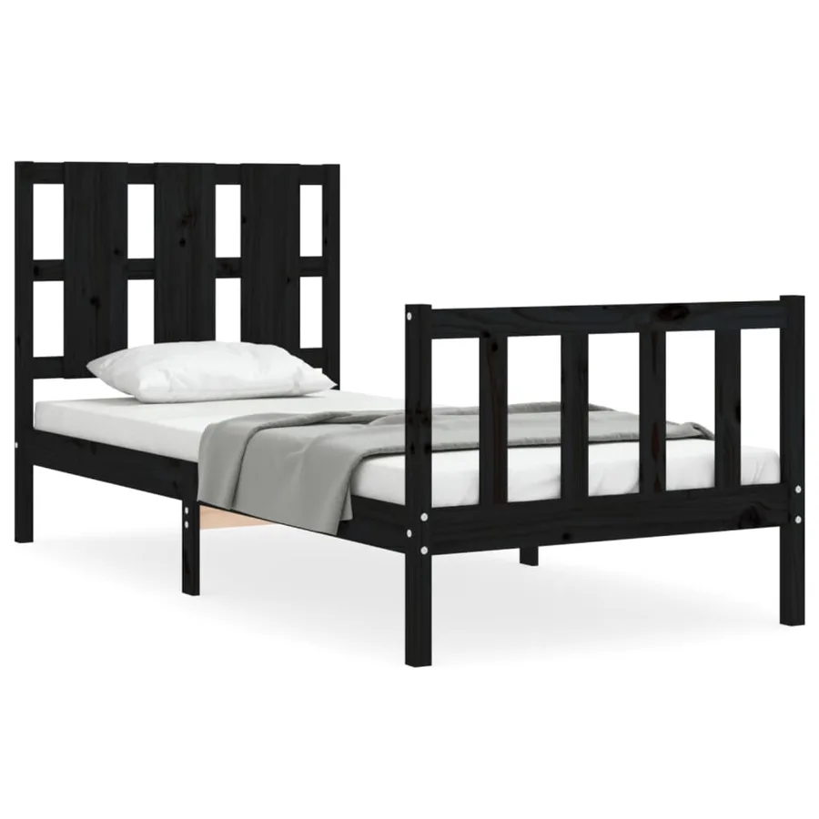 Cadre de lit sans matelas noir bois de pin massif - 2