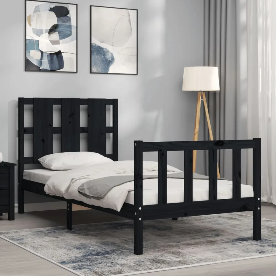 Cadre de lit sans matelas noir bois de pin massif - 3
