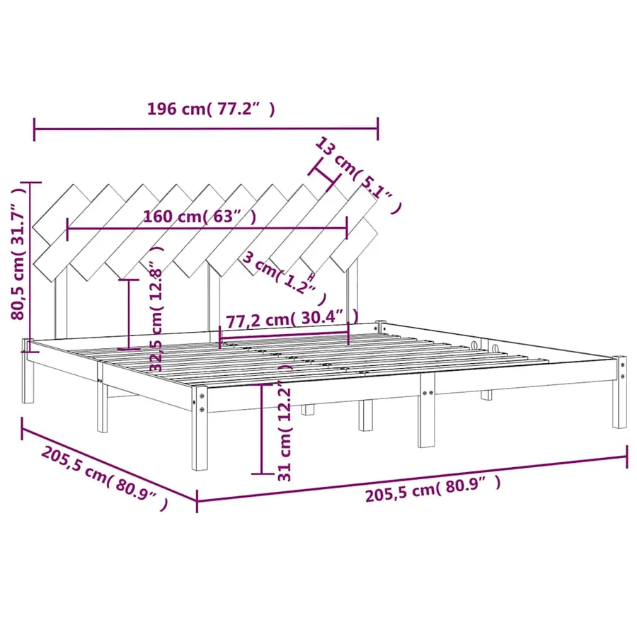 Cadre de lit sans matelas blanc 200x200 cm bois massif - 6