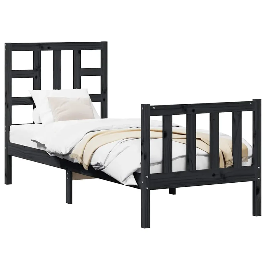 Cadre de lit sans matelas noir bois de pin massif - 3
