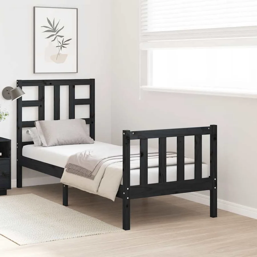 Cadre de lit sans matelas noir bois de pin massif - 4