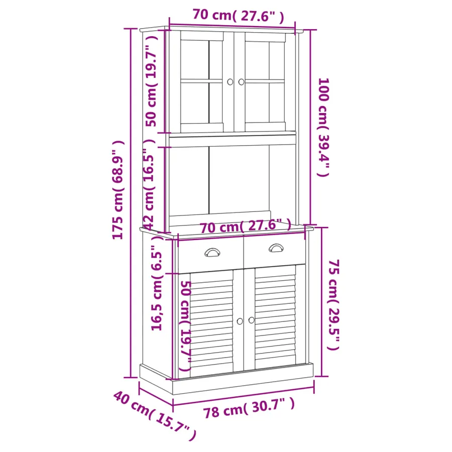 Buffet haut VIGO blanc 78x40x175 cm bois massif de pin - 12