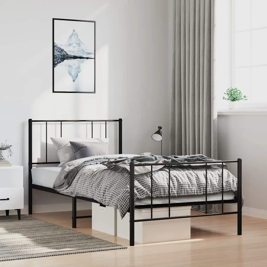 Cadre de lit métal sans matelas avec pied de lit noir 100x190cm