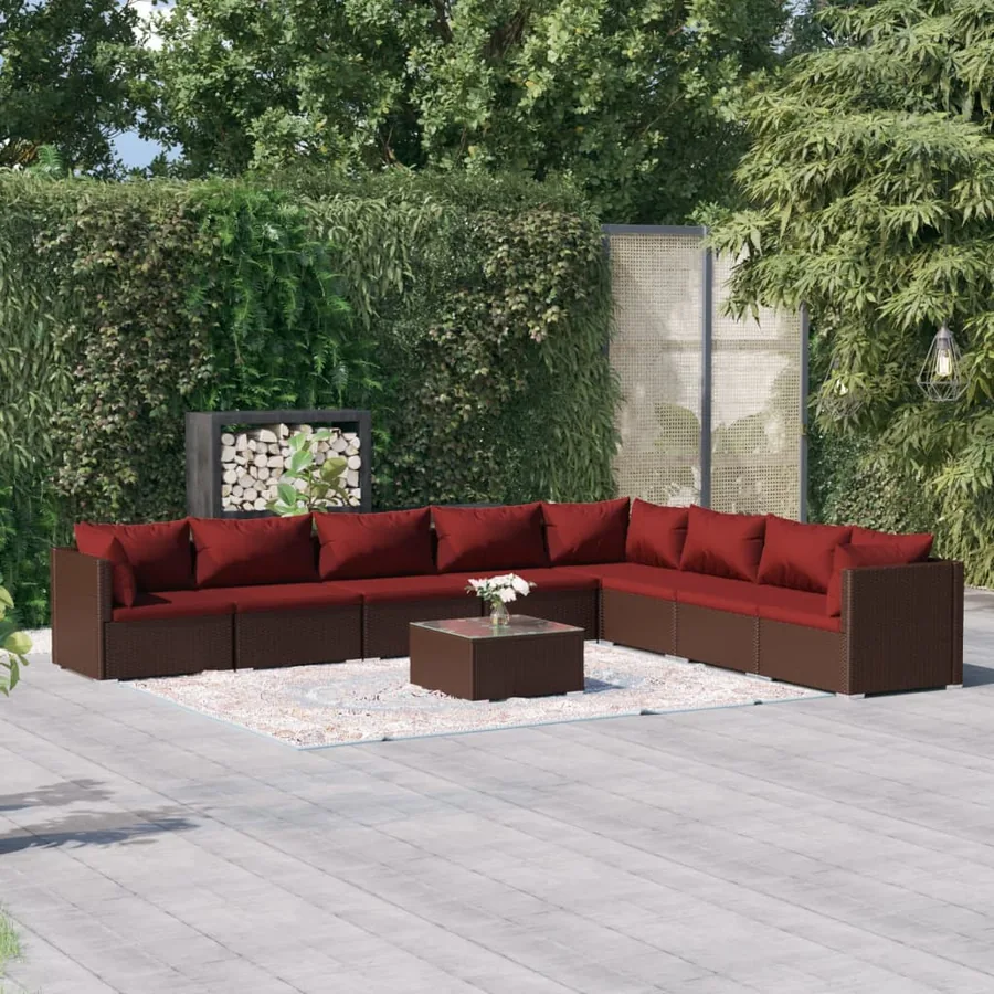 Salon de jardin 9 pcs avec coussins résine tressée marron