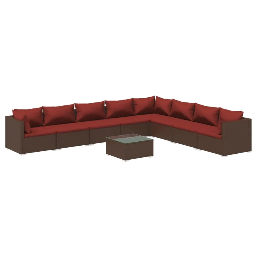 Salon de jardin 9 pcs avec coussins résine tressée marron - 2