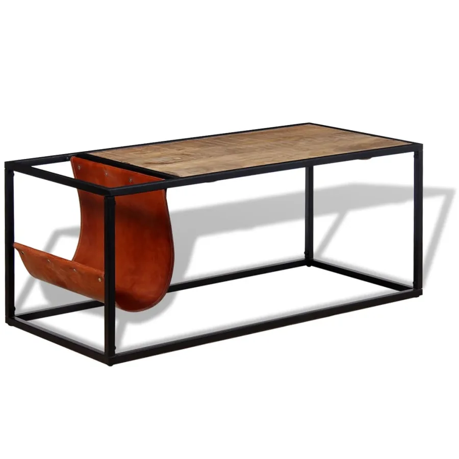 Table basse avec porte-revues Cuir véritable 110x50x45 cm - 2