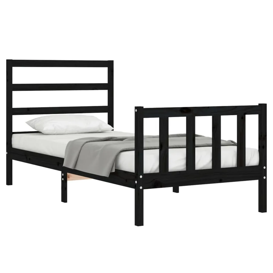 Cadre de lit sans matelas noir bois de pin massif - 3