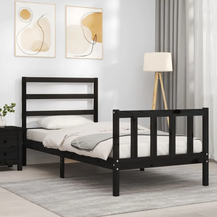 Cadre de lit sans matelas noir bois de pin massif - 4