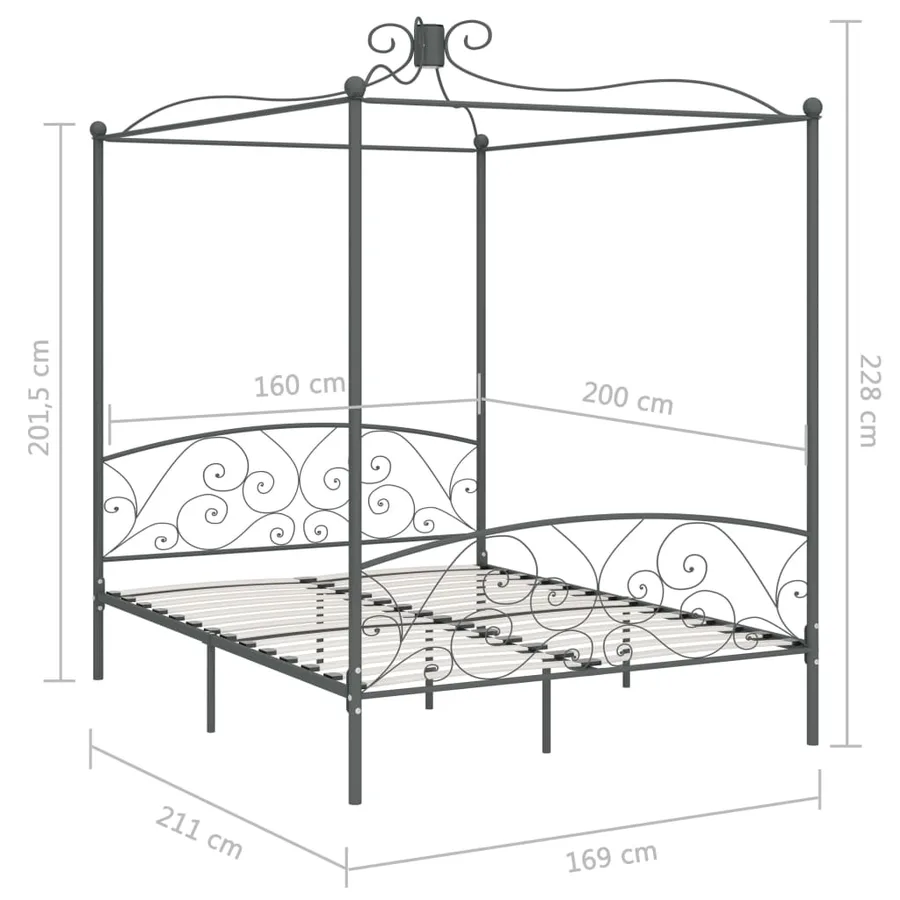 Cadre de lit à baldaquin sans matelas gris métal 160x200 cm - 6
