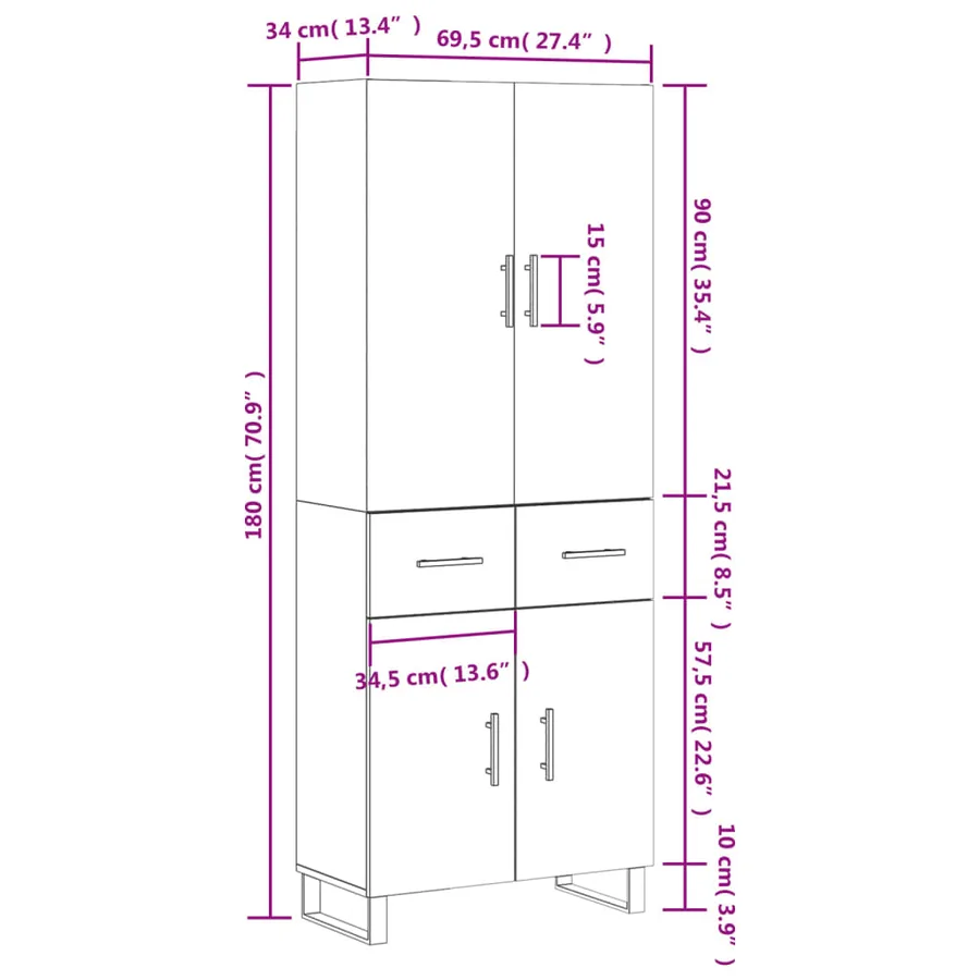 Buffet haut Blanc 69,5x34x180 cm Bois d'ingénierie - 14