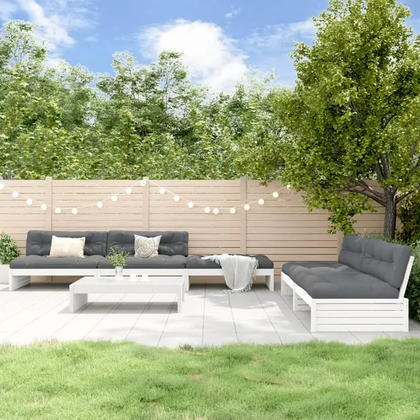 Salon de jardin 6 pcs avec coussins blanc bois massif