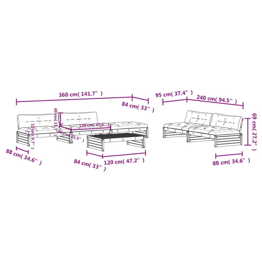 Salon de jardin 6 pcs avec coussins blanc bois massif - 8