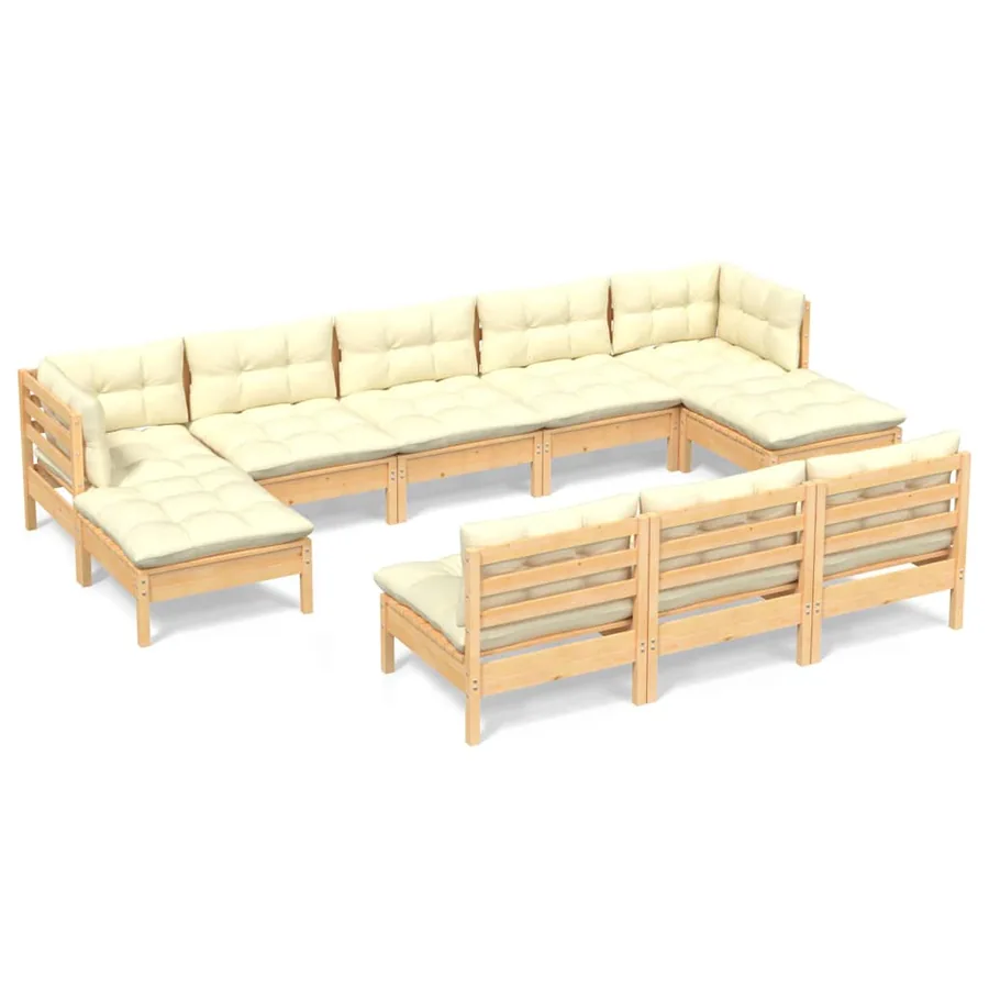 Salon de jardin 10 pcs avec coussins crème Bois de pin - 2