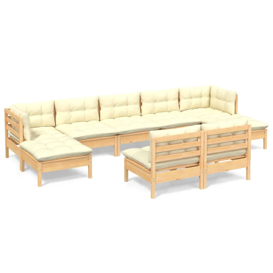 Salon de jardin 9 pcs avec coussins crème bois de pin - 2