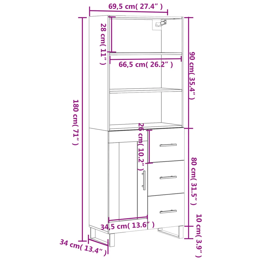 Buffet haut Chêne sonoma 69,5x34x180 cm Bois d'ingénierie - 14