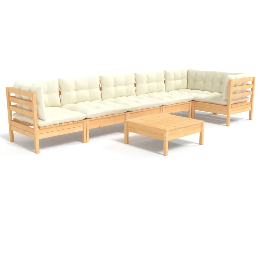 Salon de jardin 7 pcs avec coussins crème bois de pin - 2