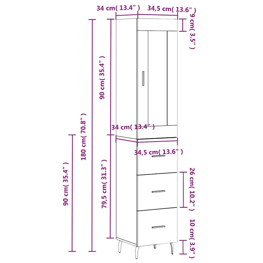 Buffet haut Gris béton 34,5x34x180 cm Bois d'ingénierie - 14