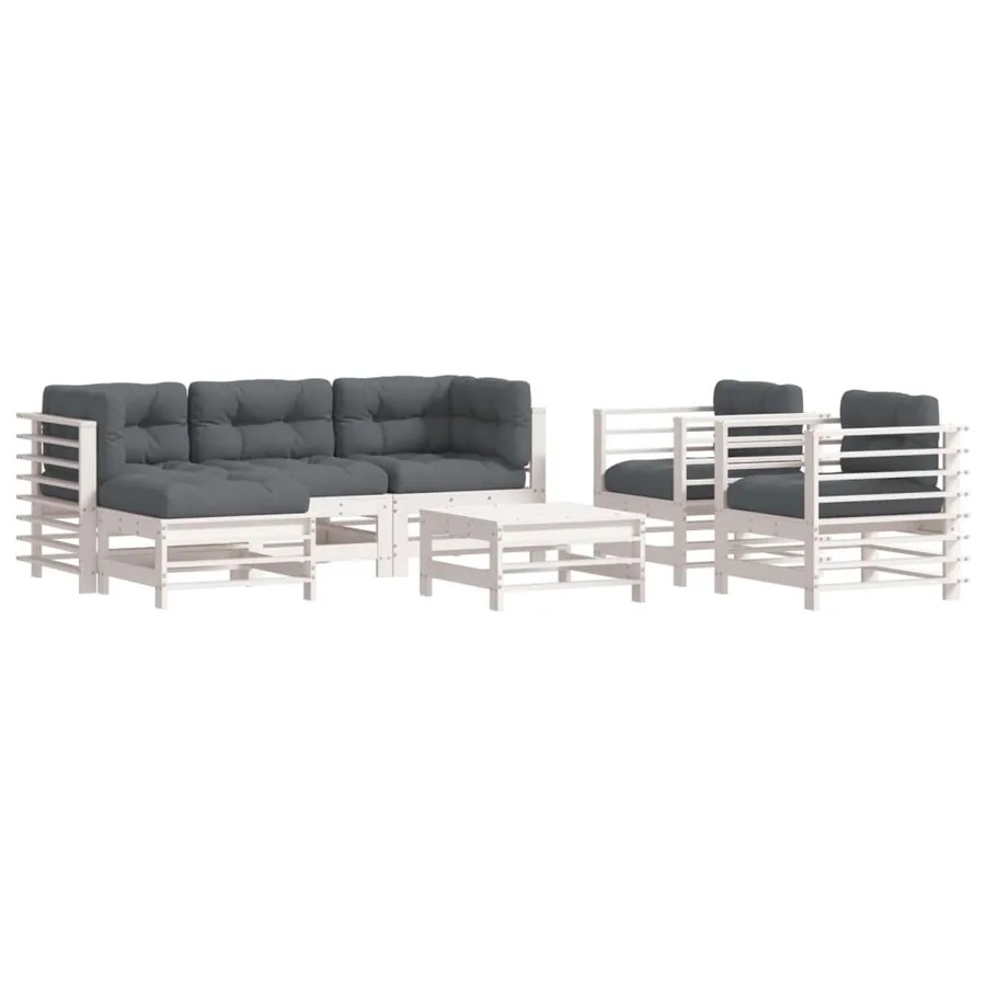 Salon de jardin 7 pcs avec coussins blanc bois massif - 2
