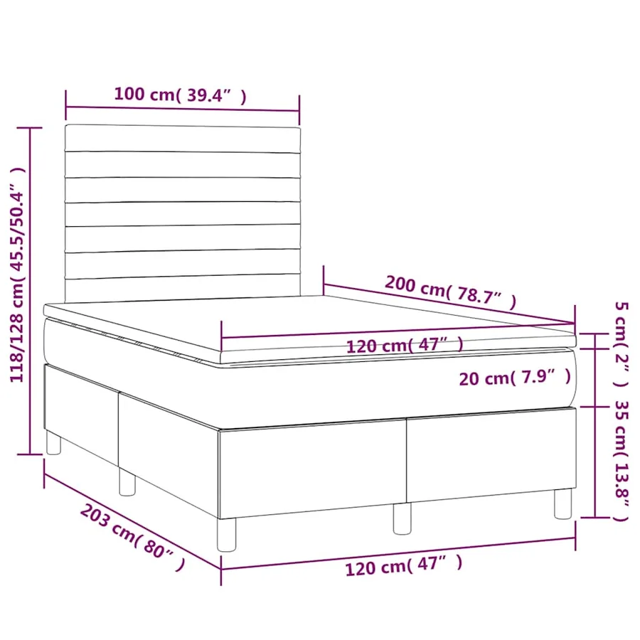 Sommier à lattes de lit et matelas et LED Noir 120x200 cm Tissu - 8