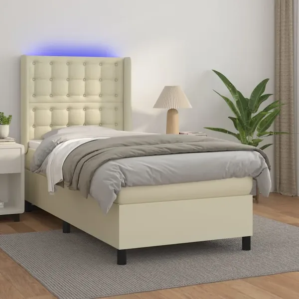 Sommier à lattes de lit matelas LED Crème 90x200cm Similicuir