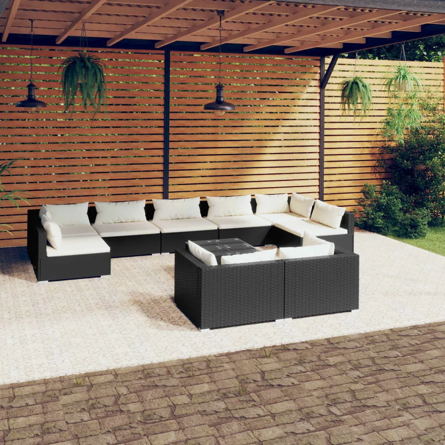 Salon de jardin 10 pcs avec coussins Noir Résine tressée