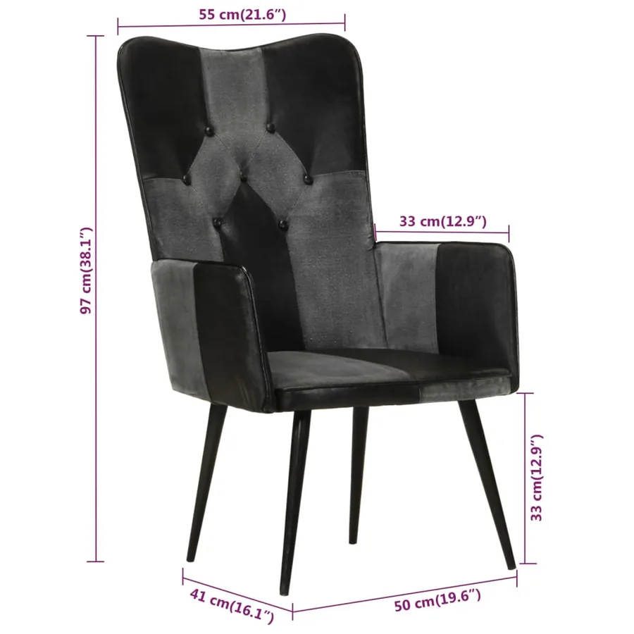 Chaise à oreilles Noir et gris Cuir véritable - 10