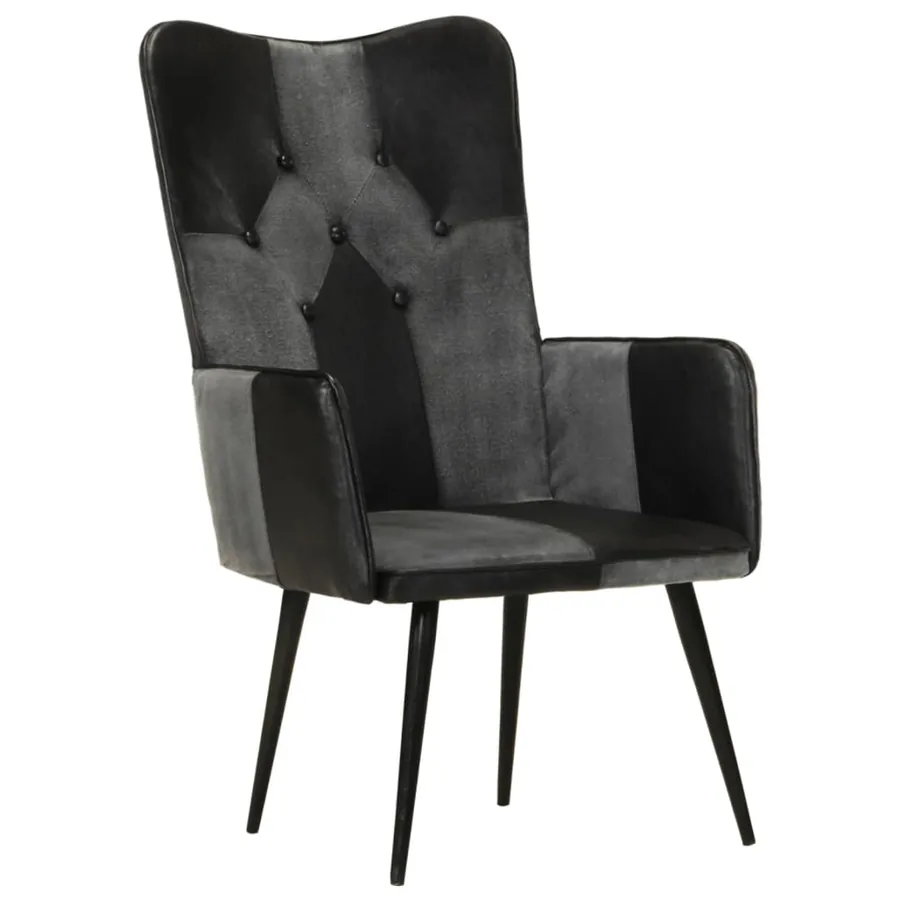 Chaise à oreilles Noir et gris Cuir véritable - 11