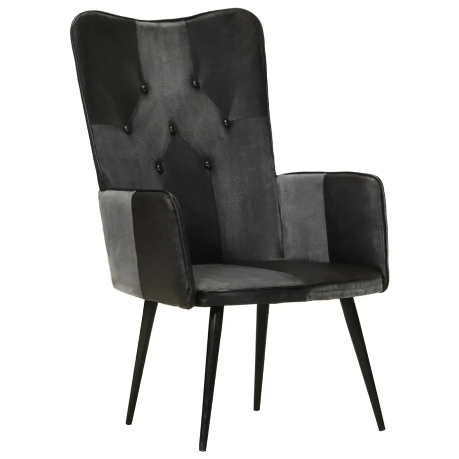 Chaise à oreilles Noir et gris Cuir véritable - 12