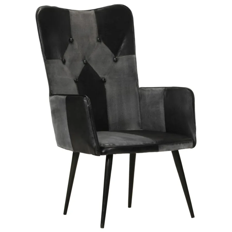 Chaise à oreilles Noir et gris Cuir véritable - 13