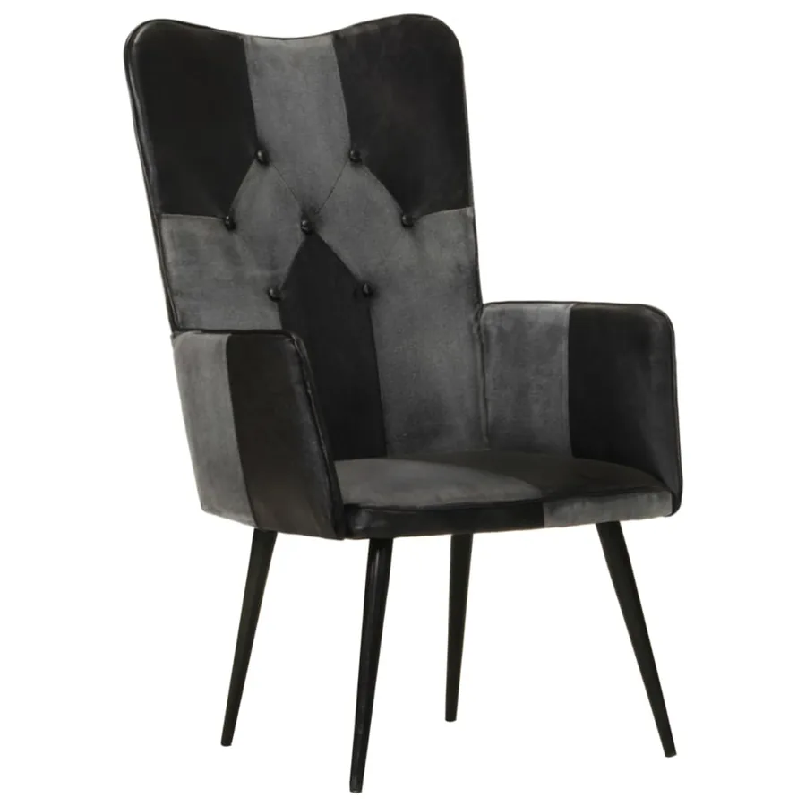 Chaise à oreilles Noir et gris Cuir véritable - 14