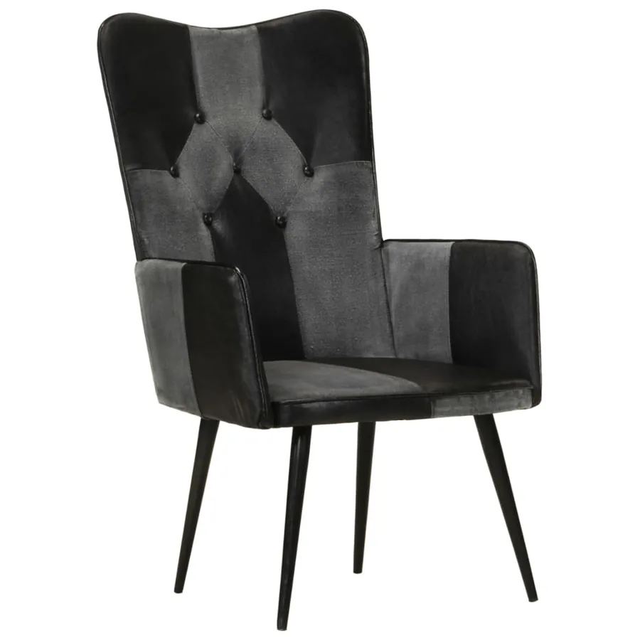 Chaise à oreilles Noir et gris Cuir véritable - 2