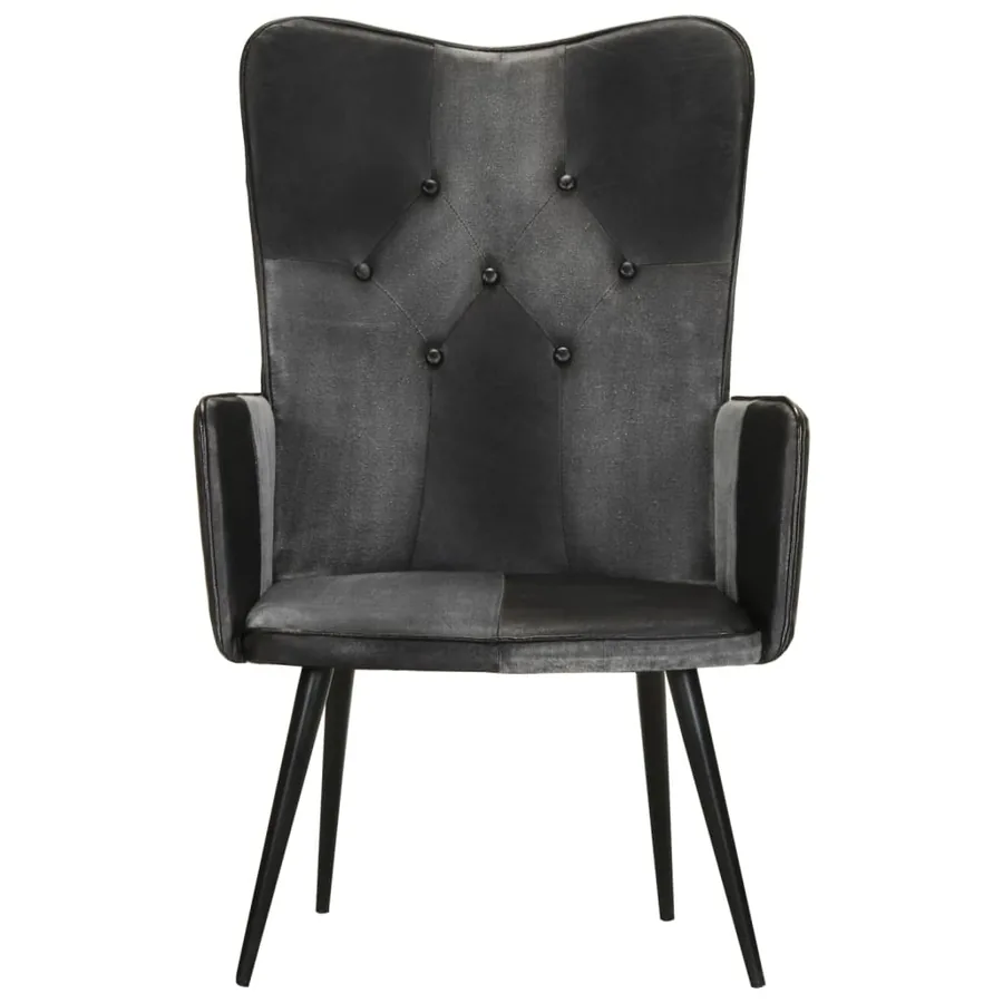 Chaise à oreilles Noir et gris Cuir véritable - 3