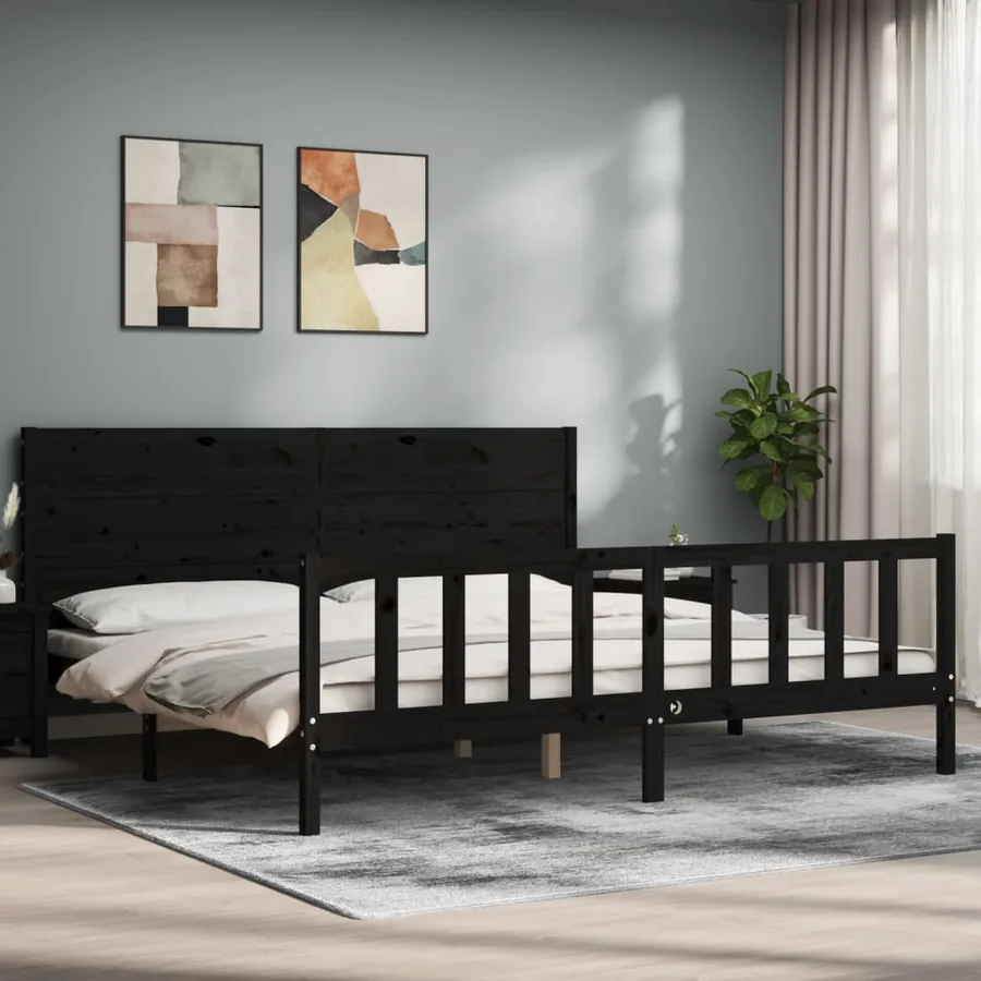 Cadre de lit sans matelas noir 200x200 cm bois massif de pin - 3