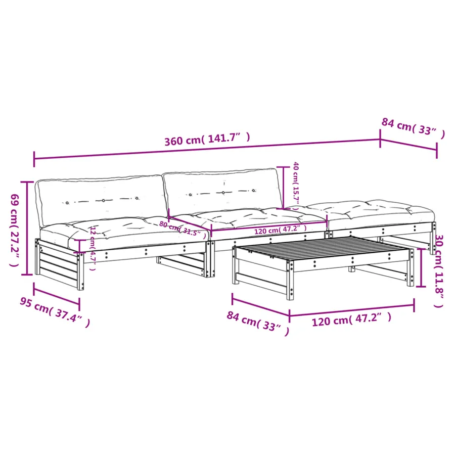 Salon de jardin 4 pcs avec coussins blanc bois massif - 8