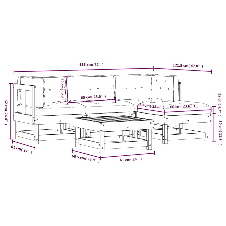 Salon de jardin 5 pcs avec coussins bois massif douglas - 9