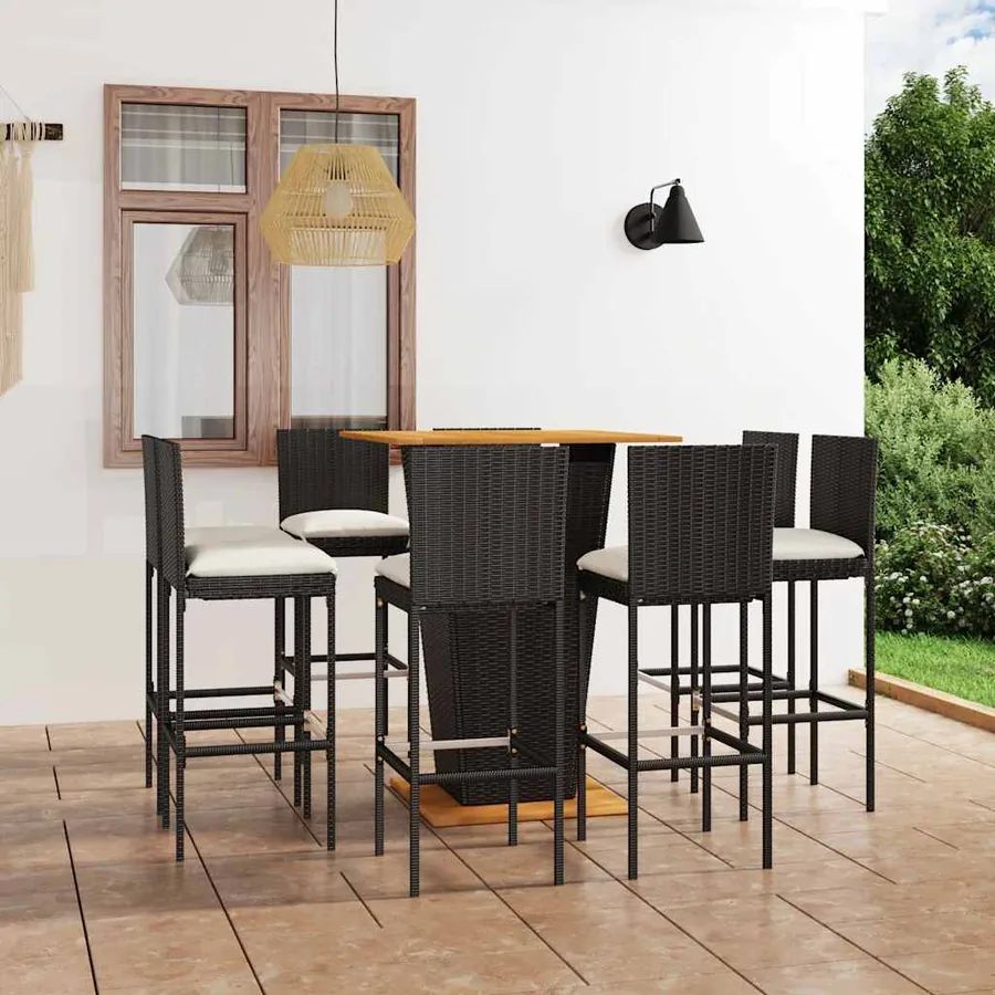 Ensemble de bar de jardin 9 pcs et coussins Résine tressée Noir