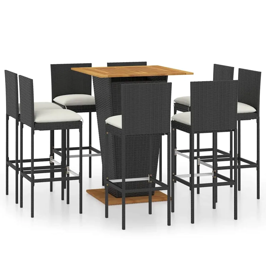 Ensemble de bar de jardin 9 pcs et coussins Résine tressée Noir - 2